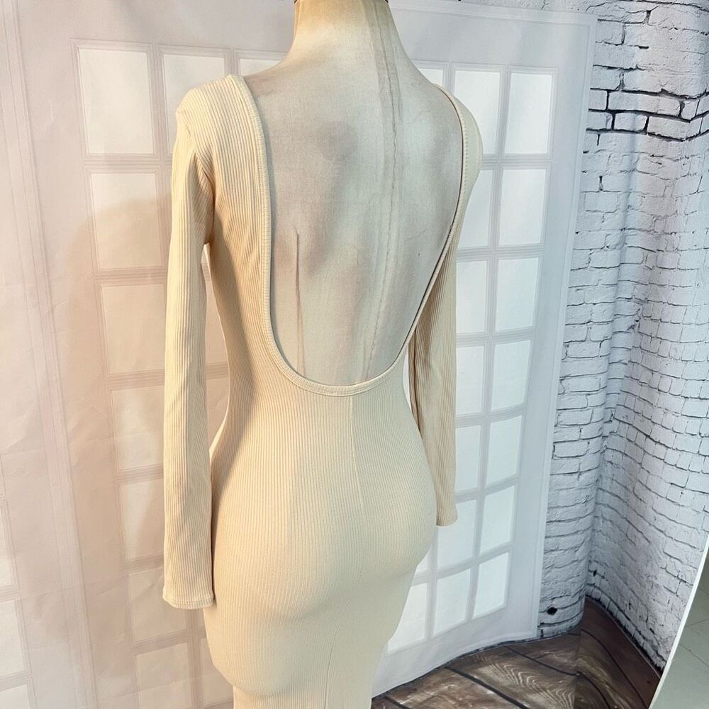 Fashion Nova Cream Long Sleeve Ribbed Bodycon Maxi Dress Size Medium - Picture 6 of 11